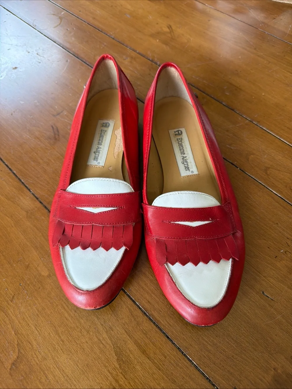 Etienne Aigner Red and White Leather Loafers